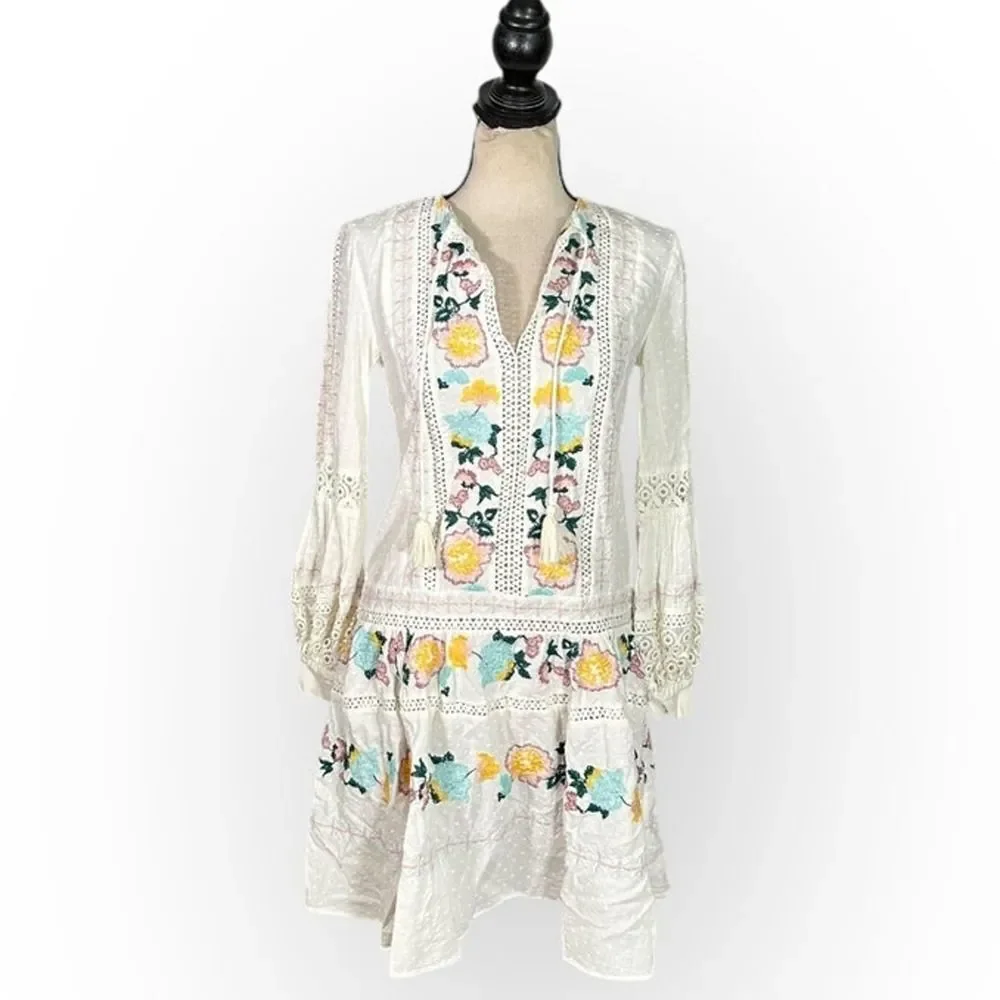 Tory Burch Mini Dress Women's XS White Blue Embroidered Boho Long Sleeve V-Neck